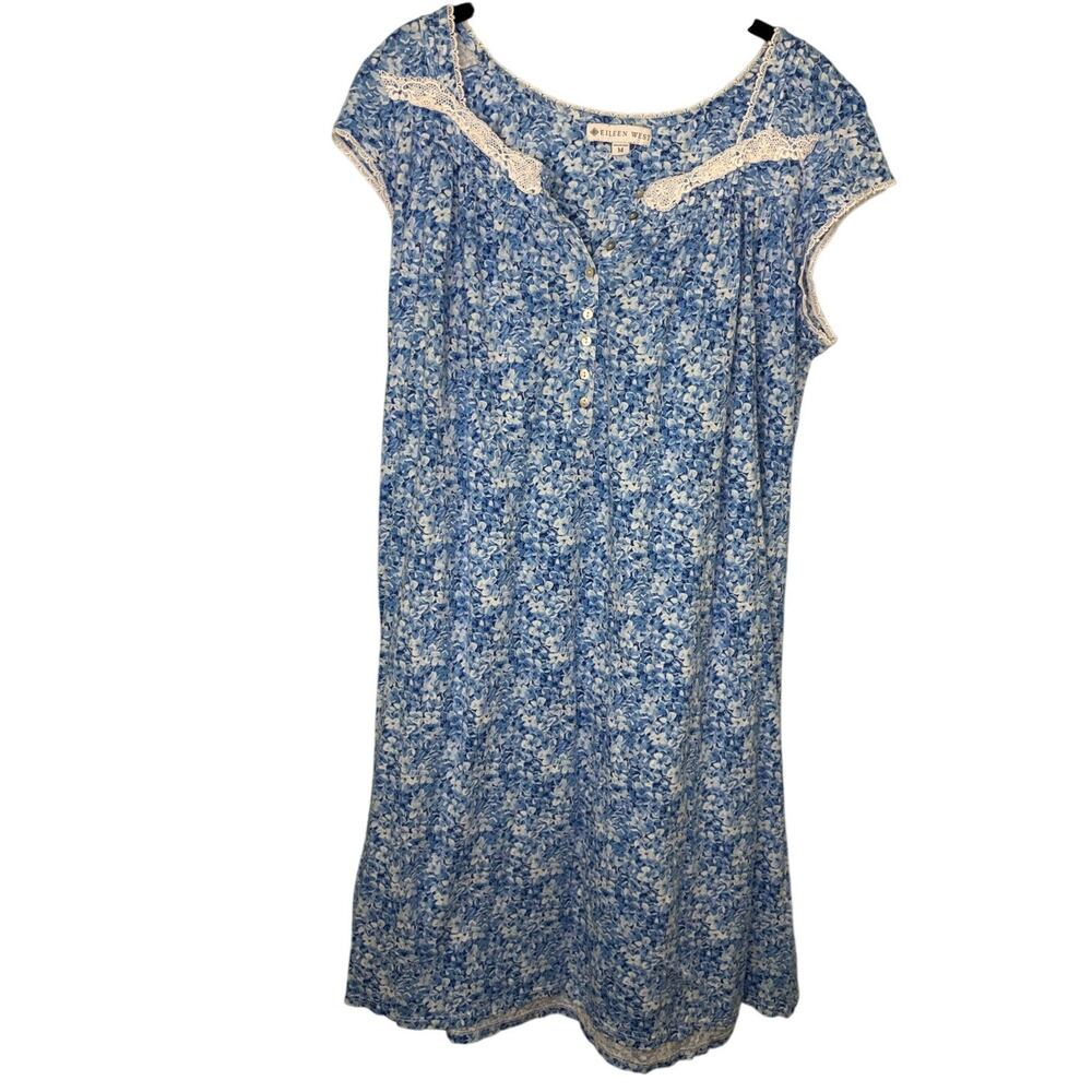 Eileen West Blue Floral Knit Short Nightgown Size Medium Cap Sleeves Lace